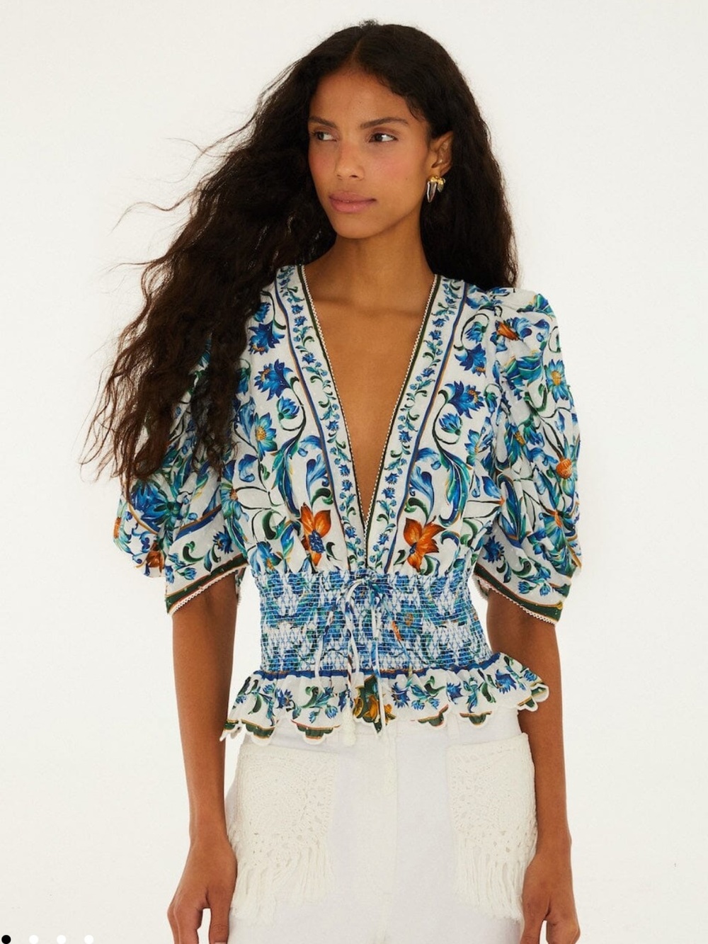 Farm Rio Off-White Flora Tile Smocked Blouse - Picture 2 of 8